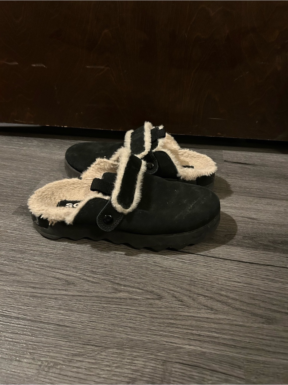 Sorel Black Suede Shearling-Lined Slip-On Clogs